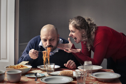 Greedy husband eating pasta